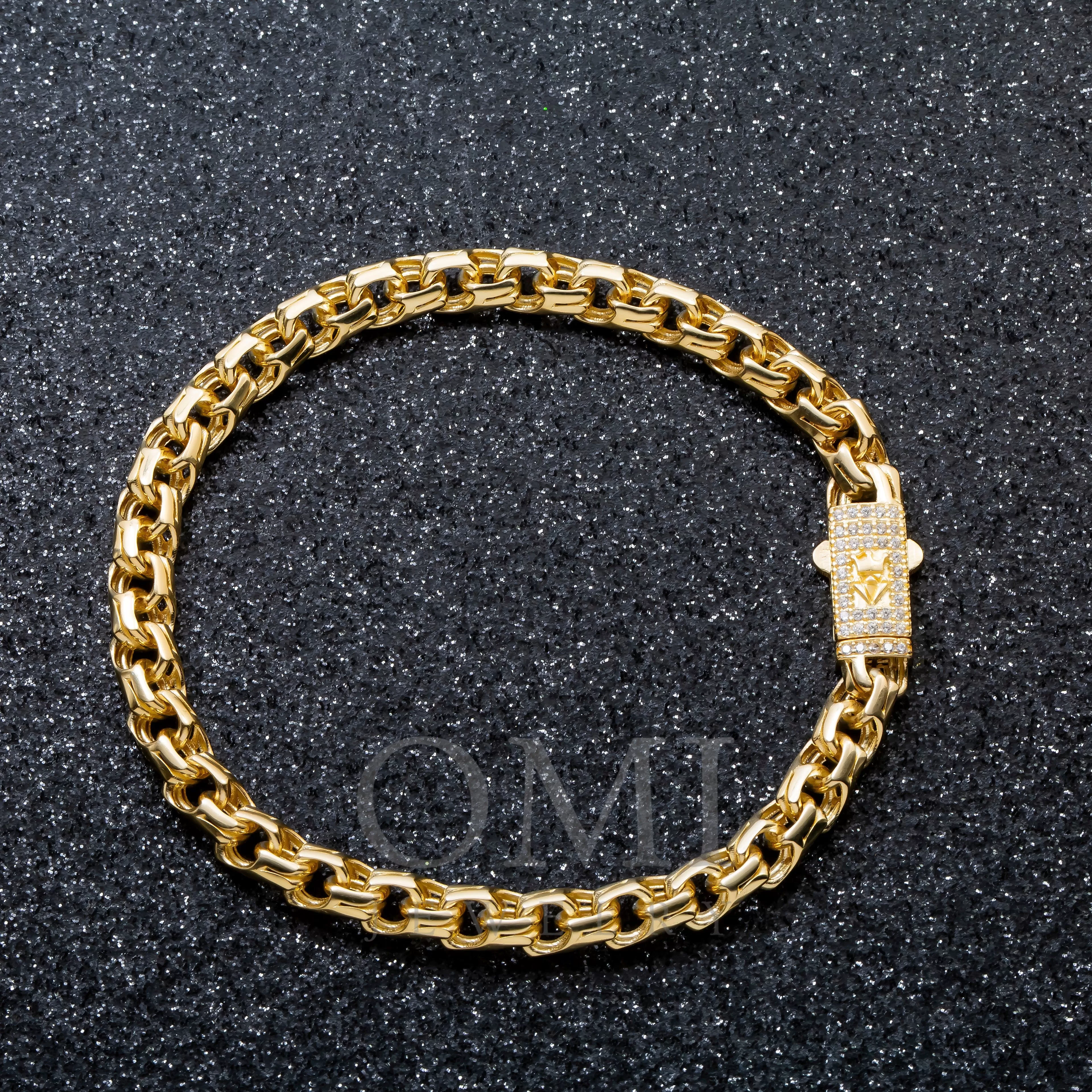 10K GOLD HOLLOW CHINO LINK CHAIN BRACELET DIAMOND CLASP WITH CROWN