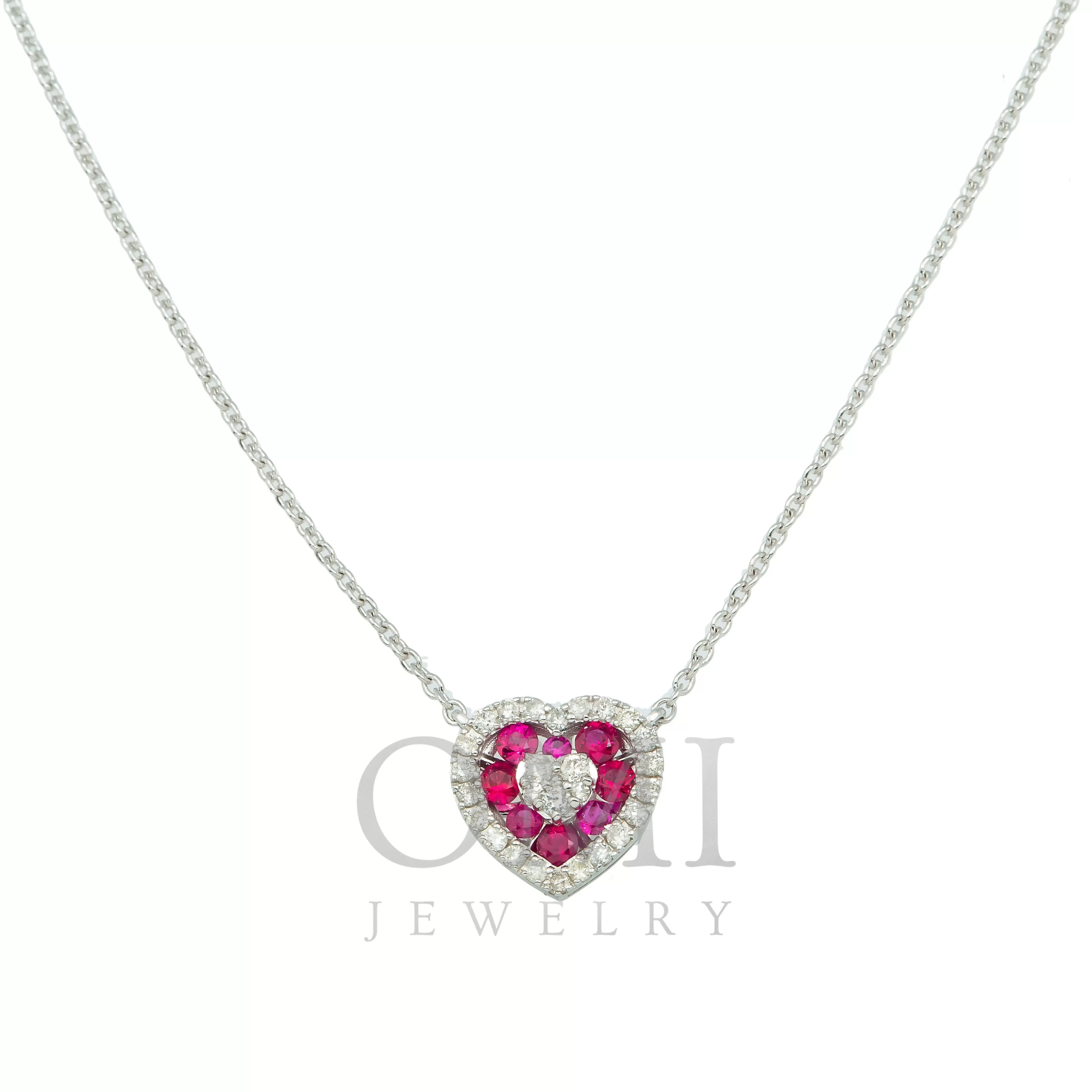 14K GOLD ROUND DIAMOND AND RUBY HEART NECKLACE 0.55 CTW