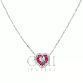 14K GOLD ROUND DIAMOND AND RUBY HEART NECKLACE 0.55 CTW