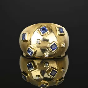 14K Gold Sputnik Style Sapphire Diamond Bombe Ring