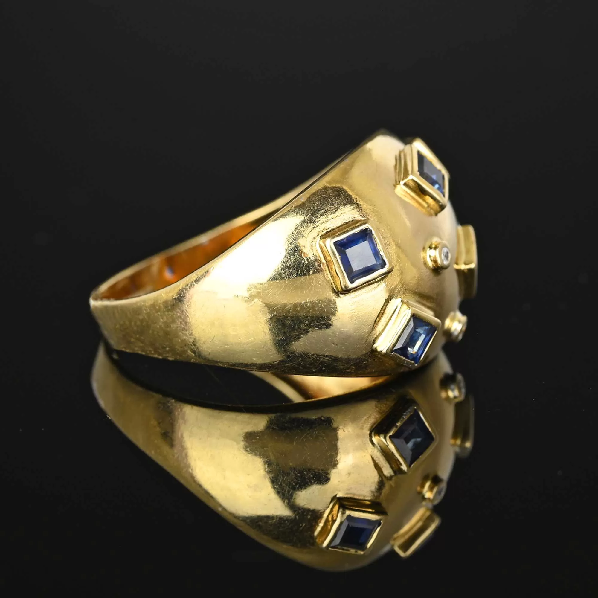 14K Gold Sputnik Style Sapphire Diamond Bombe Ring