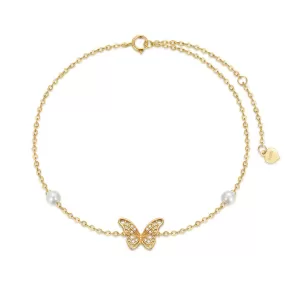 14k Solid Gold Butterfly Anklet For Women, Real Pearl Fine Jewelry Ankle Bracelet Gifts For Her