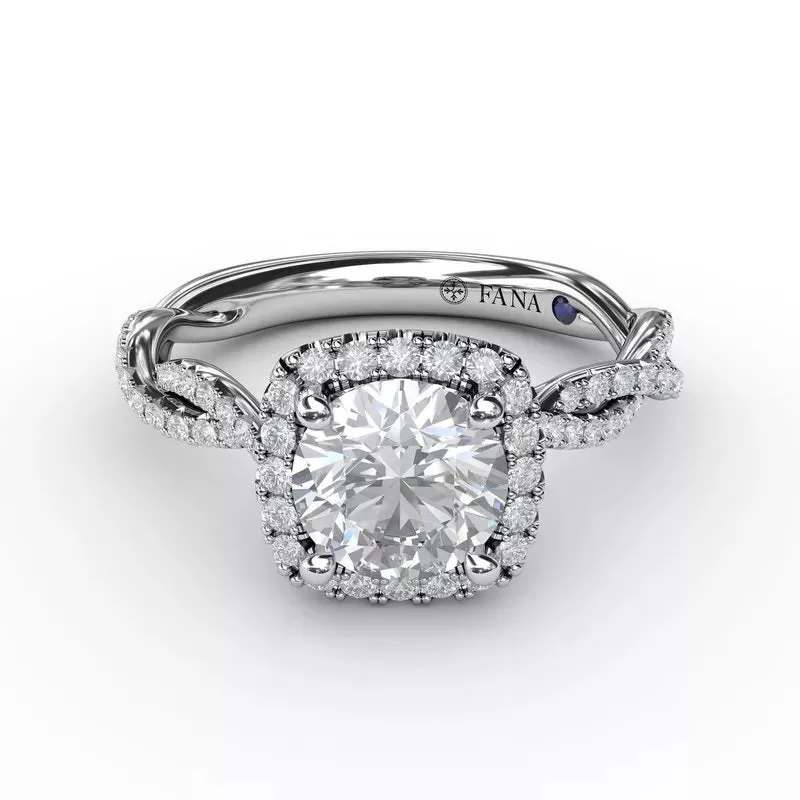 14K WHITE GOLD BRAIDED SHOULDER CUSHION DIAMOND HALO ENGAGEMENT MOUNTING (SETTING ONLY)