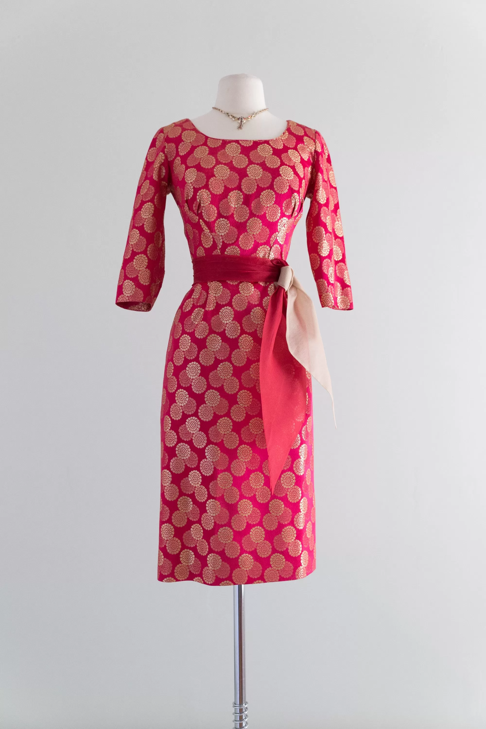 1950's Cerise Cocktail Dress With Metallic Gold Medallions by Paul Sachs / Waist 26