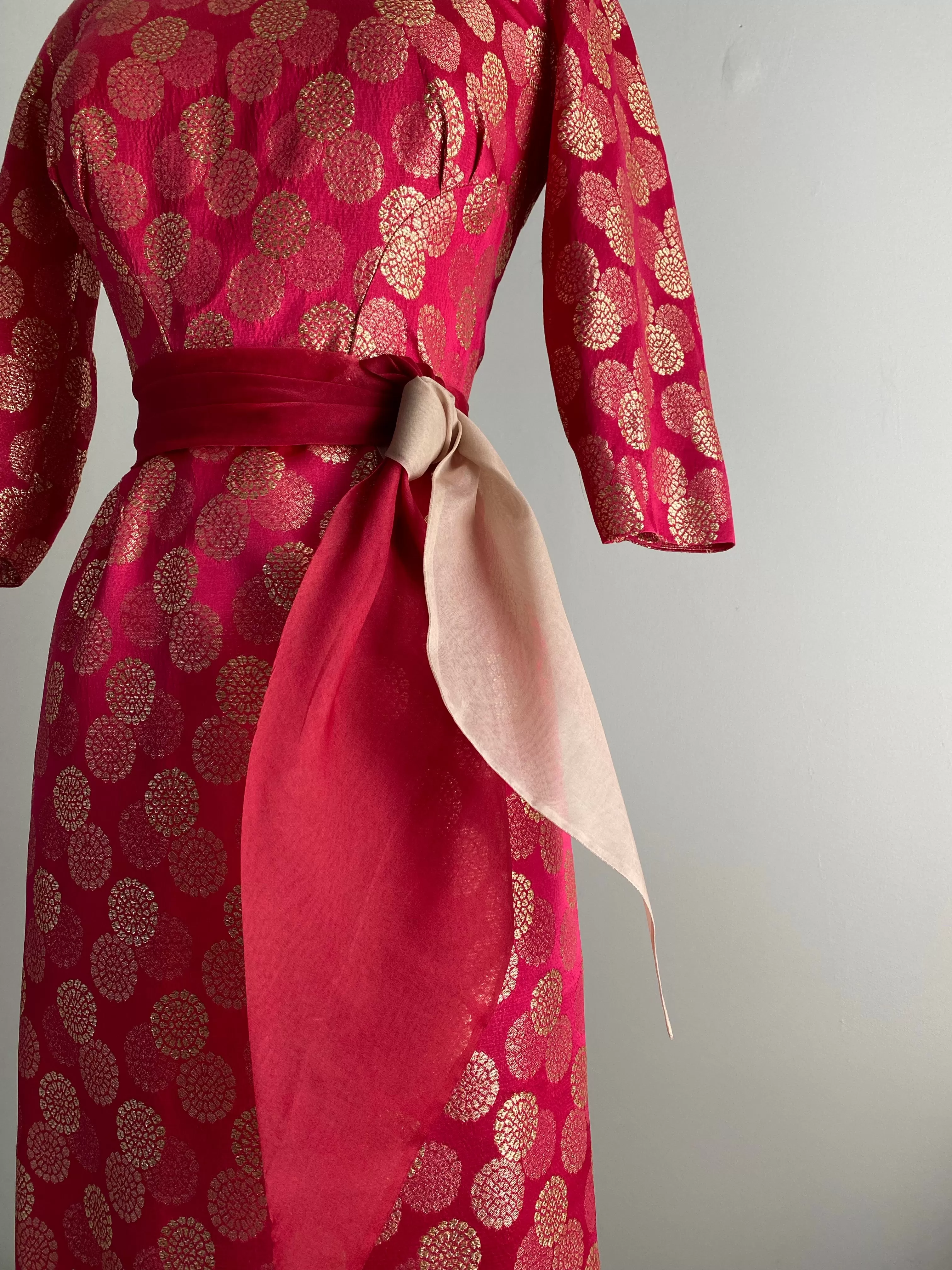 1950's Cerise Cocktail Dress With Metallic Gold Medallions by Paul Sachs / Waist 26