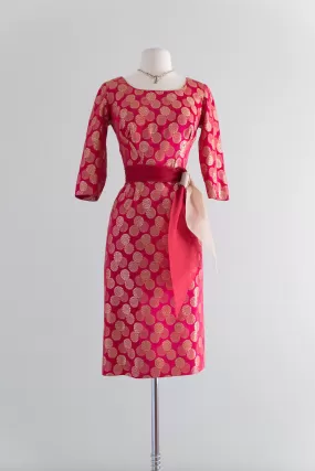 1950's Cerise Cocktail Dress With Metallic Gold Medallions by Paul Sachs / Waist 26