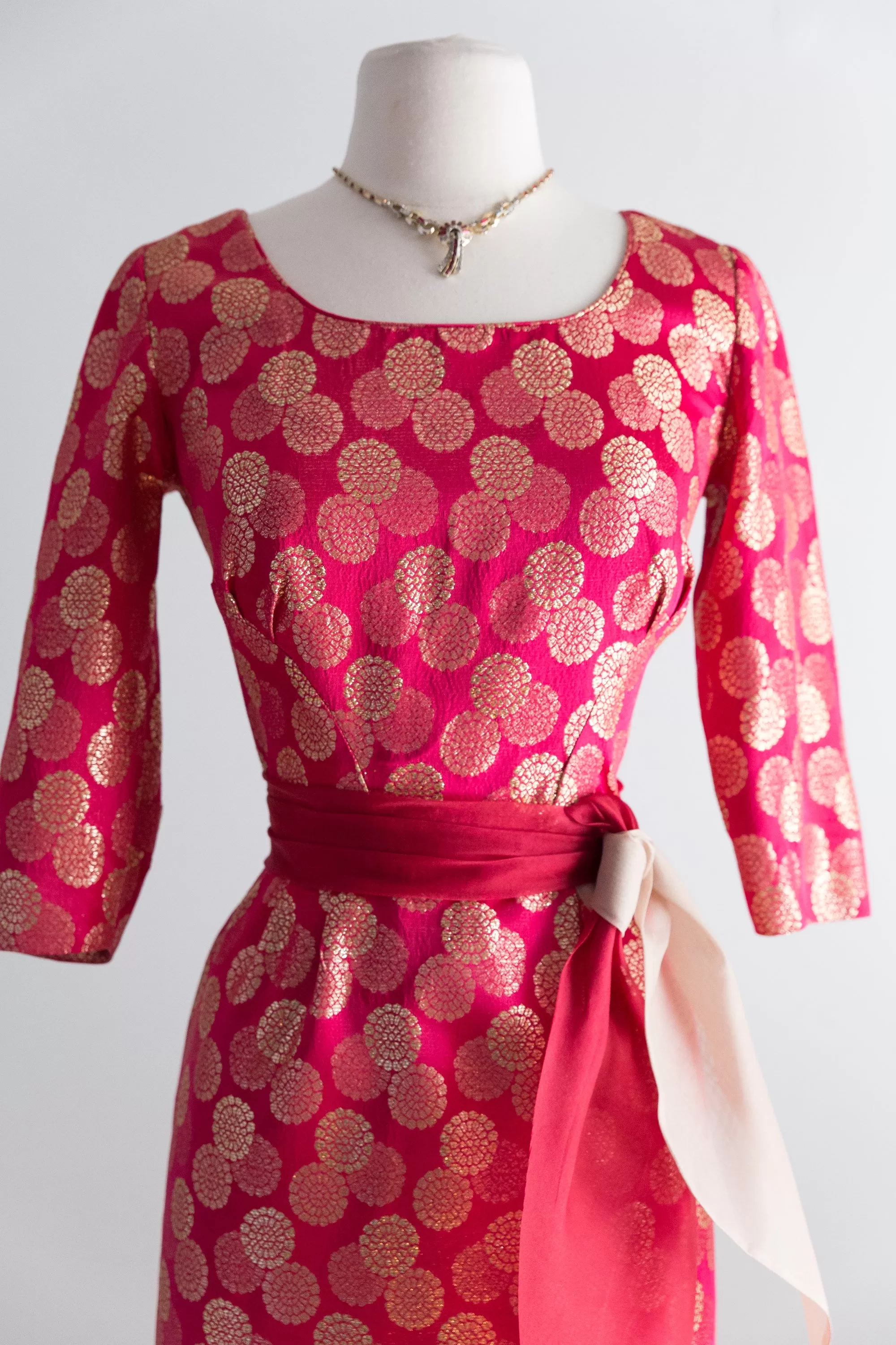 1950's Cerise Cocktail Dress With Metallic Gold Medallions by Paul Sachs / Waist 26