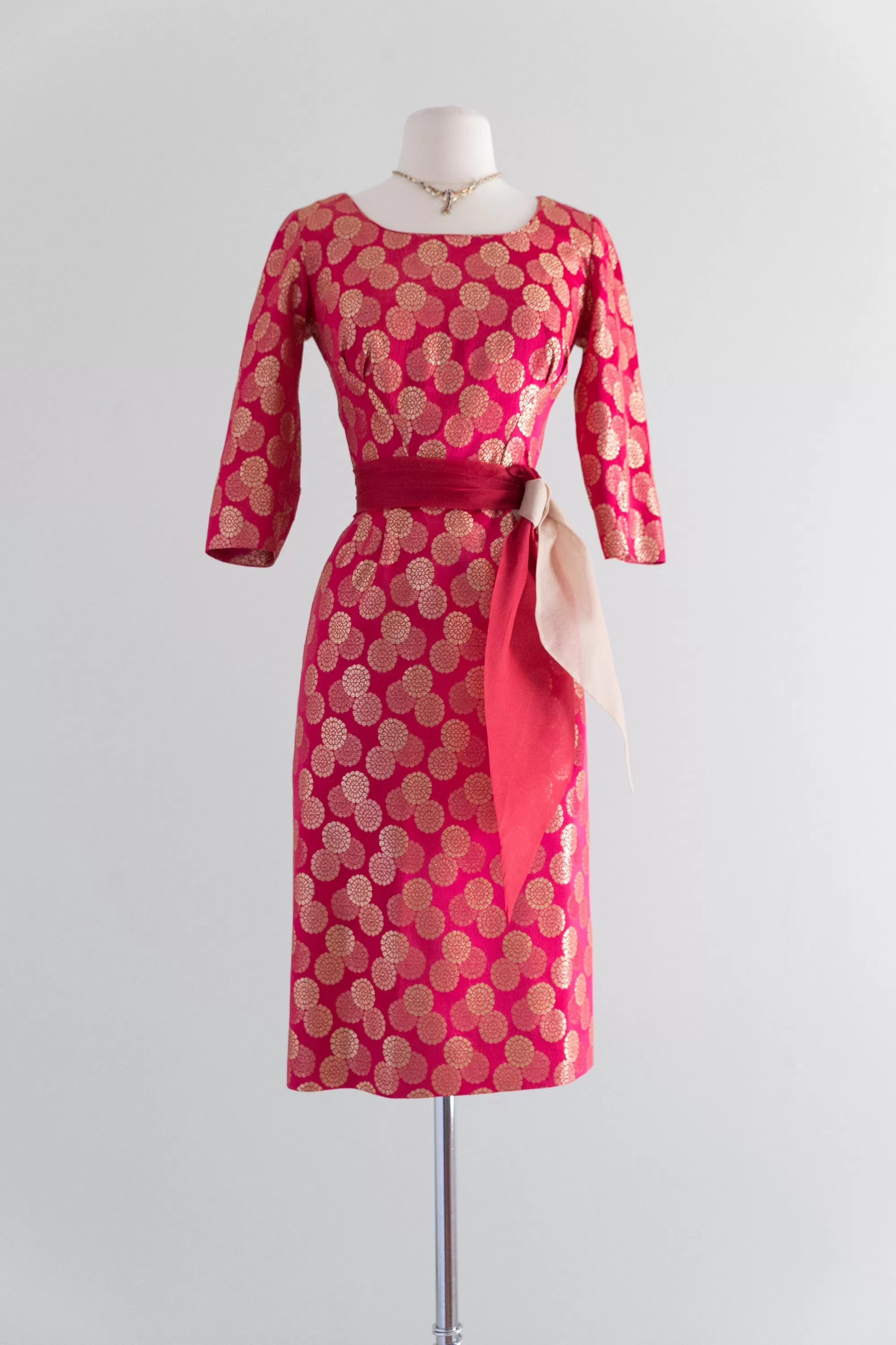 1950's Cerise Cocktail Dress With Metallic Gold Medallions by Paul Sachs / Waist 26