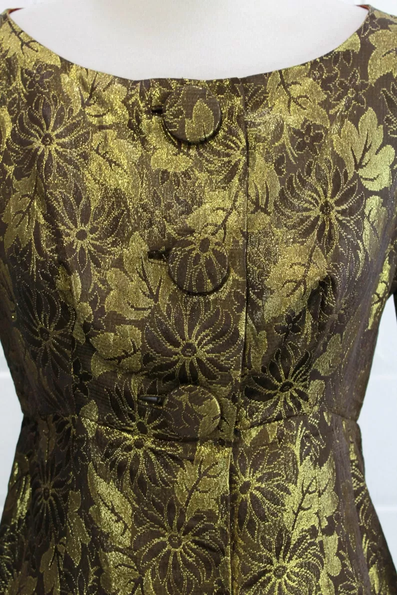 1960s Gold Brocade Floral Mini Dress, XS