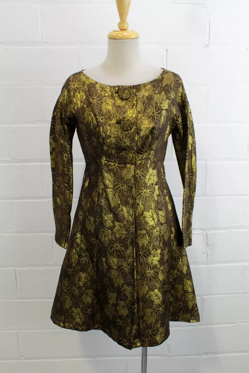 1960s Gold Brocade Floral Mini Dress, XS