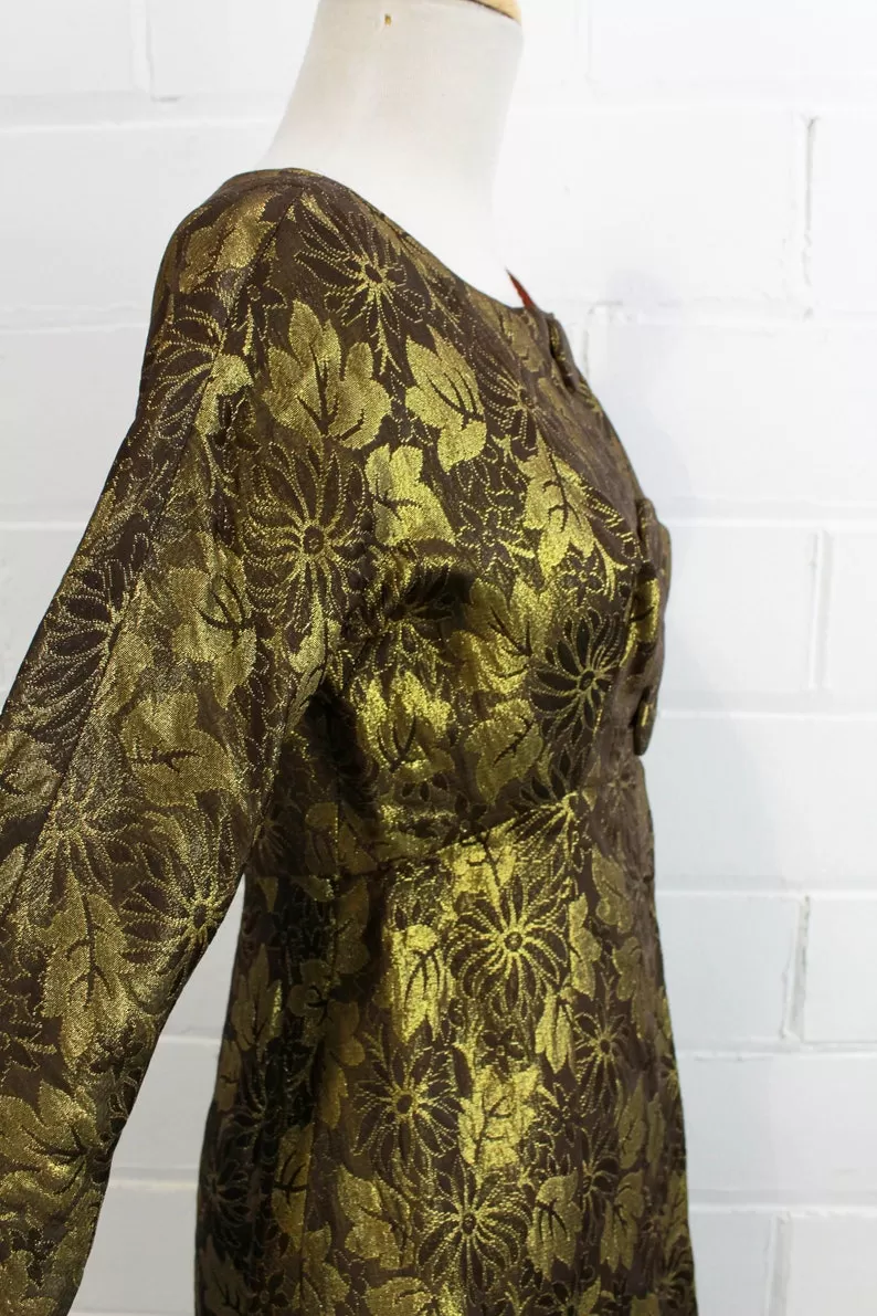 1960s Gold Brocade Floral Mini Dress, XS