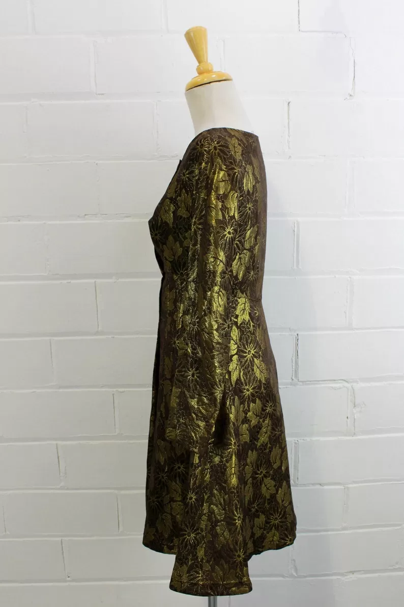 1960s Gold Brocade Floral Mini Dress, XS