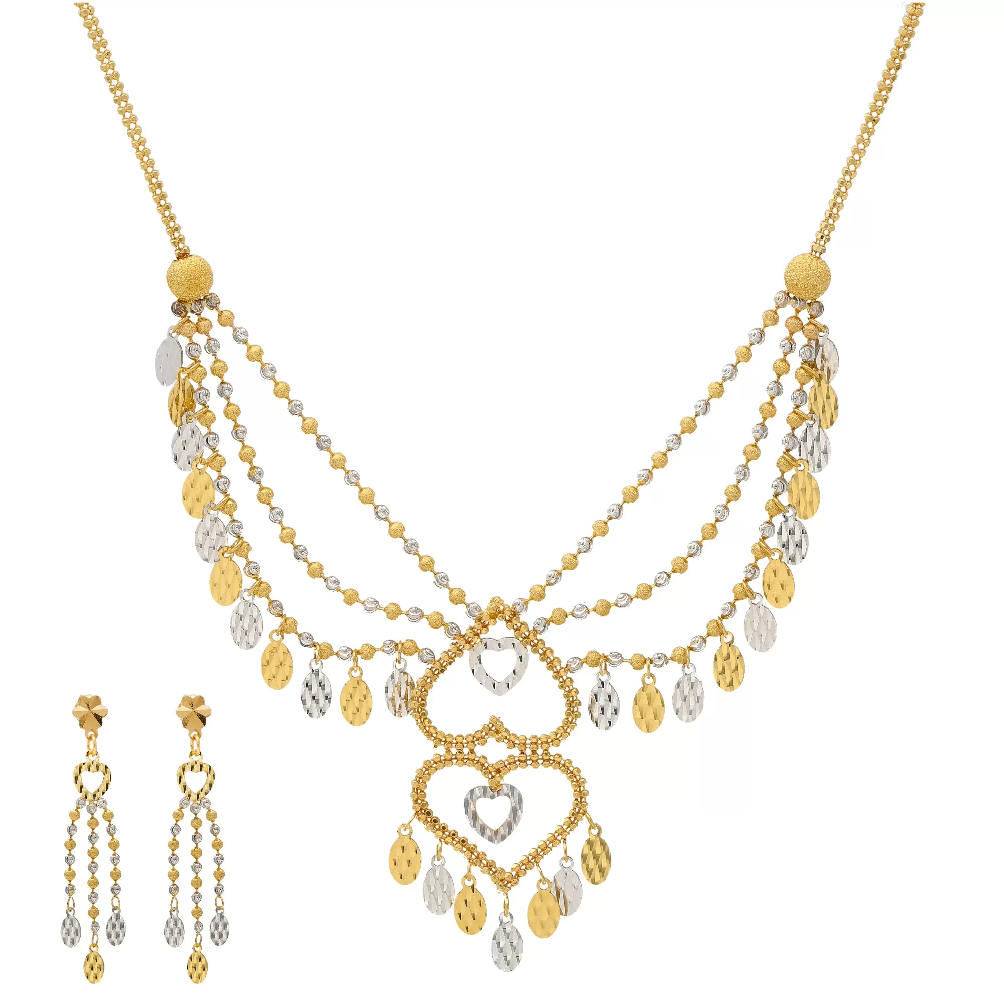 22K Yellow & White Gold Beaded Heart Necklace Set (22.2gm)