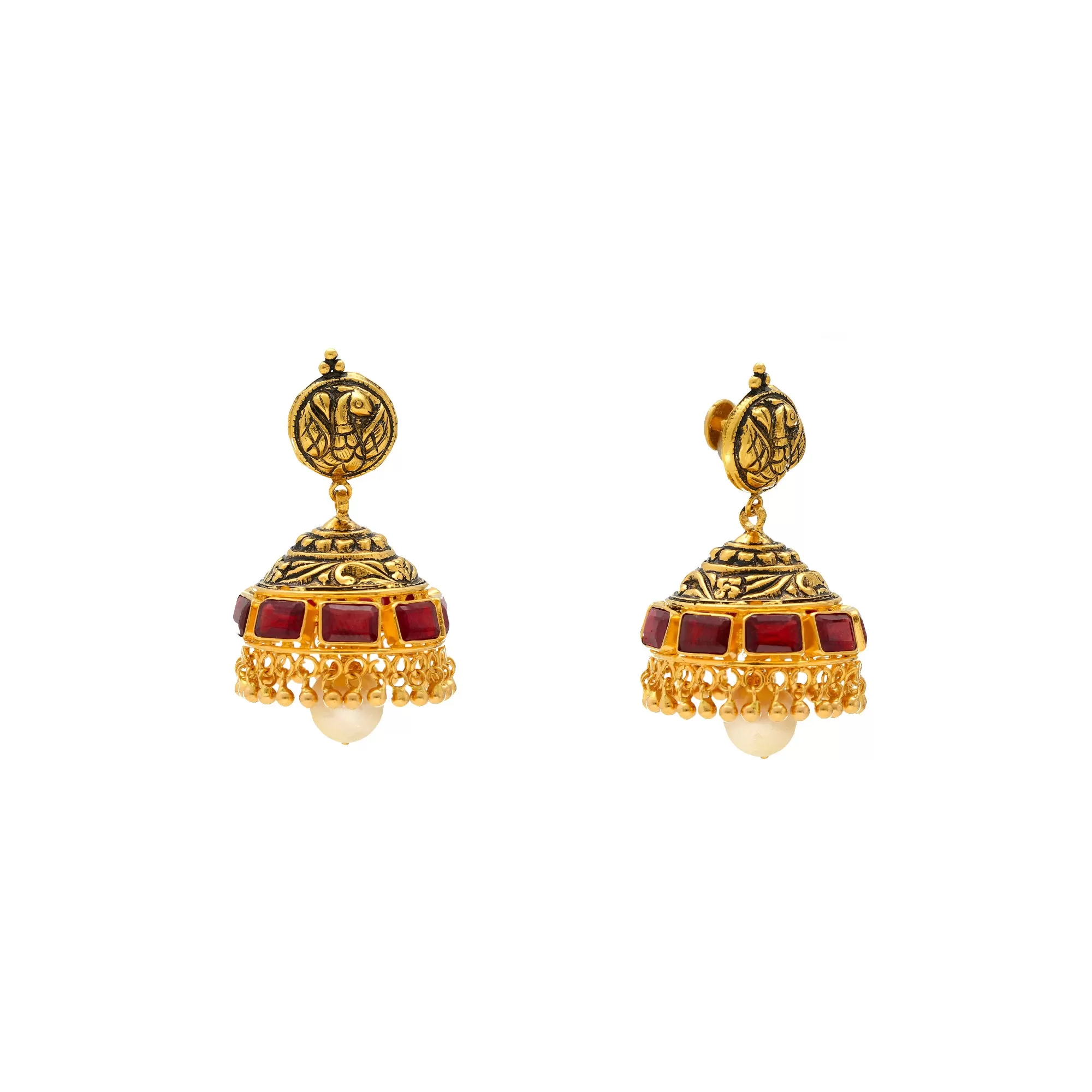 22K Yellow Gold Jhumka Earrings w/ Rubies (24.9gm)