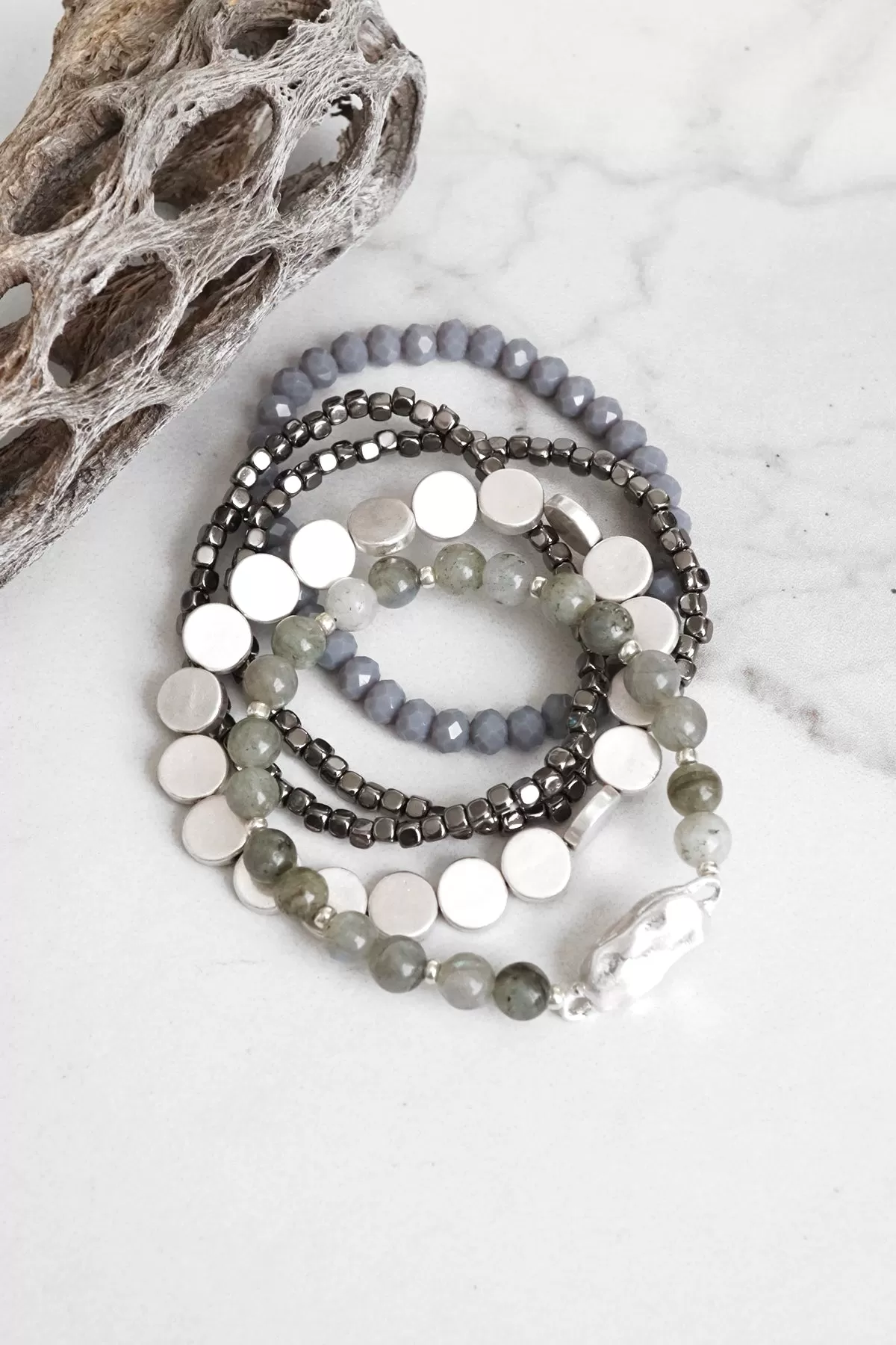 5 piece Boho Beaded Bracelets Stack Semi Precious Metal Glass Beads Silver tone nugget flat beads