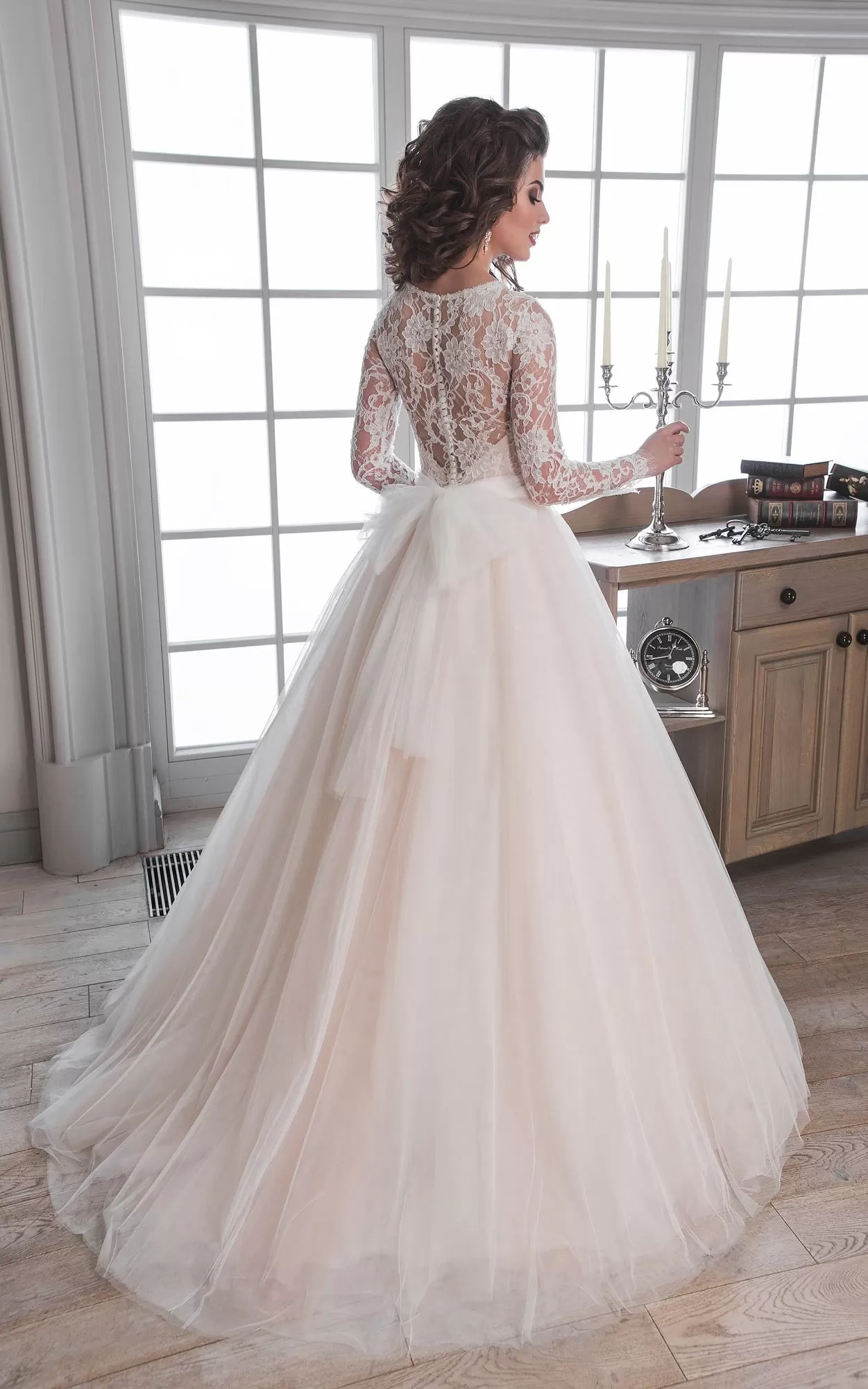 A-Line Maxi Scoop Long-Sleeve Illusion Tulle Lace Dress With Bow-714507