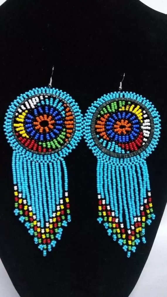 African beaded Zulu earrings, Blue Beaded earrings, Beaded Fringe earrings, Long Tassel earrings, Maasai jewelry