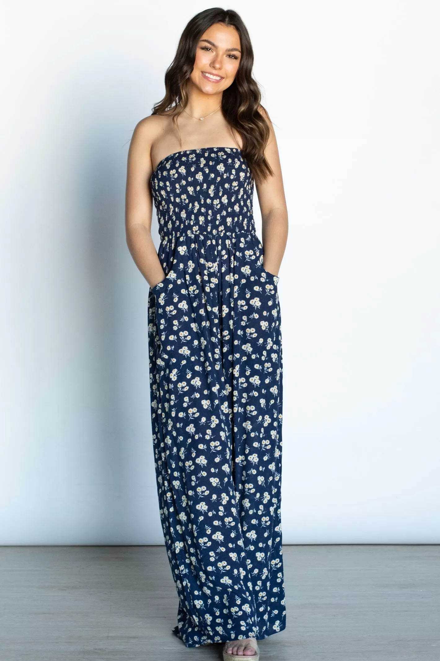 All of Me Navy Floral Smocked Jumpsuit