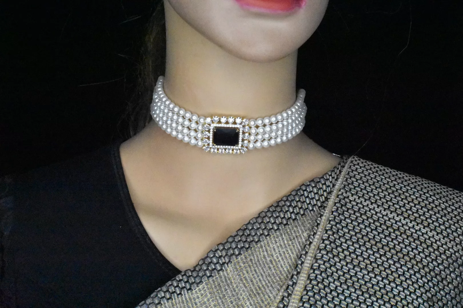 American Diamonds Brooch & Pearls Choker By Asp Fashion Jewellery