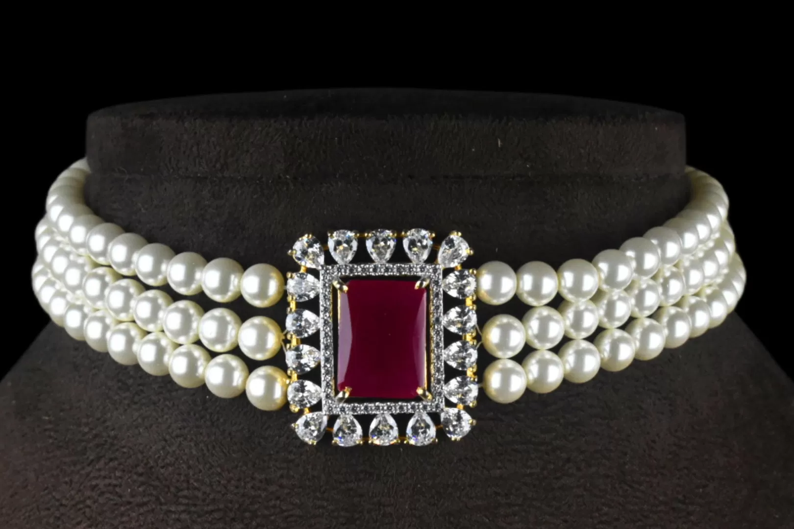 American Diamonds Brooch & Pearls Choker By Asp Fashion Jewellery