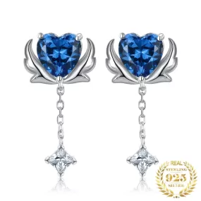 Angel Wing 3ct Love Heart Sapphire Stud Earrings - 925 Sterling Silver