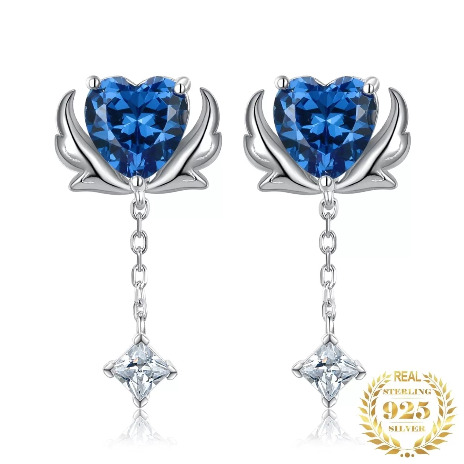 Angel Wing 3ct Love Heart Sapphire Stud Earrings - 925 Sterling Silver