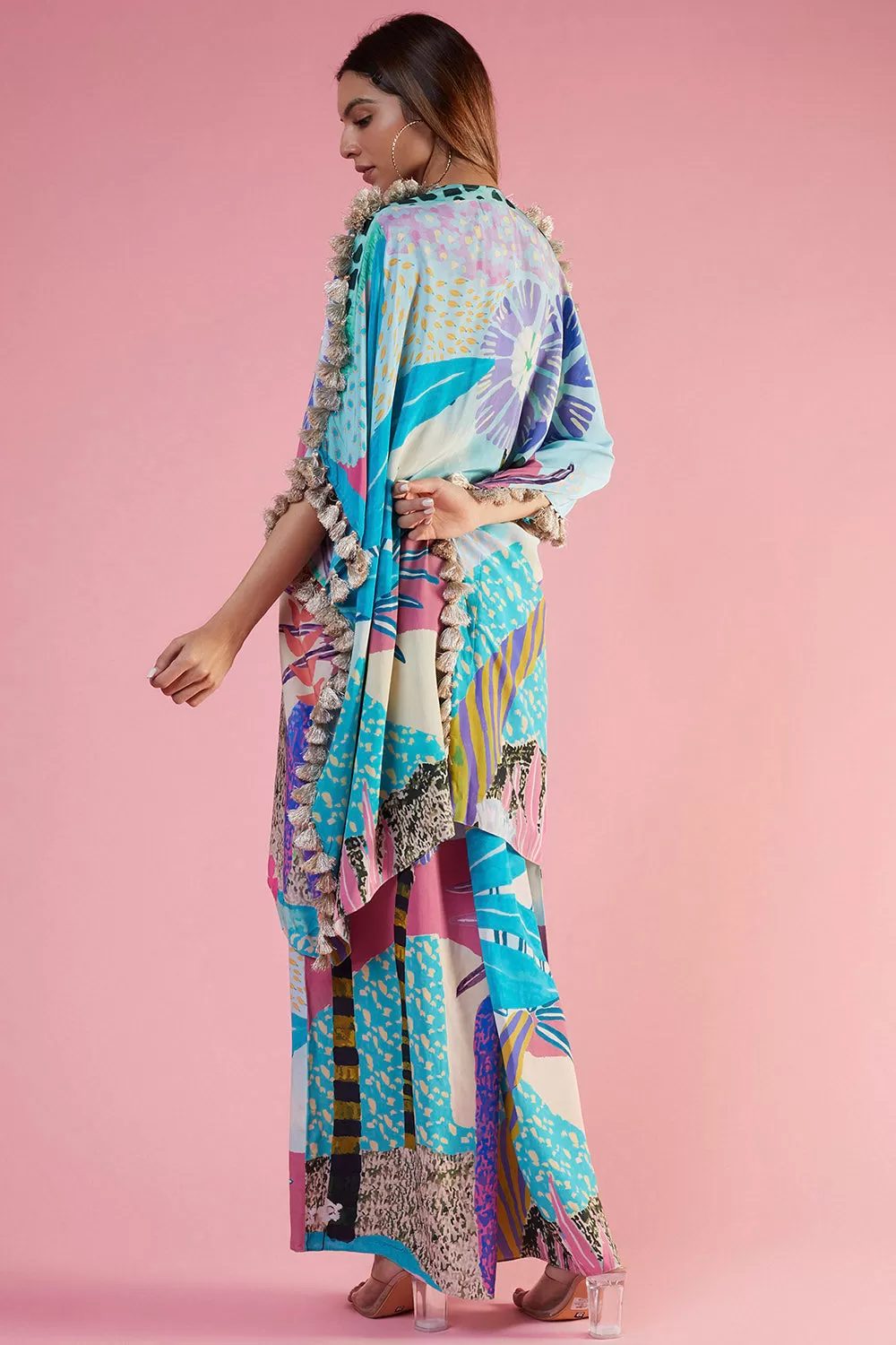 Aqua Tropical Print Kaftan And Palazzo