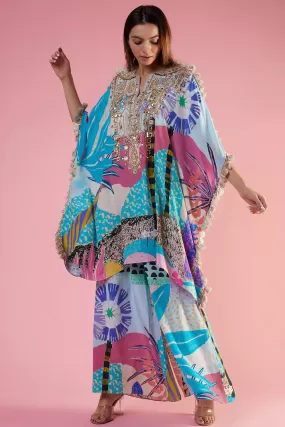 Aqua Tropical Print Kaftan And Palazzo