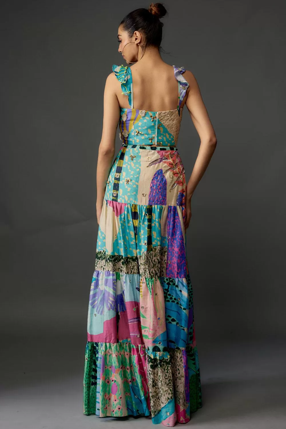 Aqua Tropical Print Silk Bustier & Layered Skirt