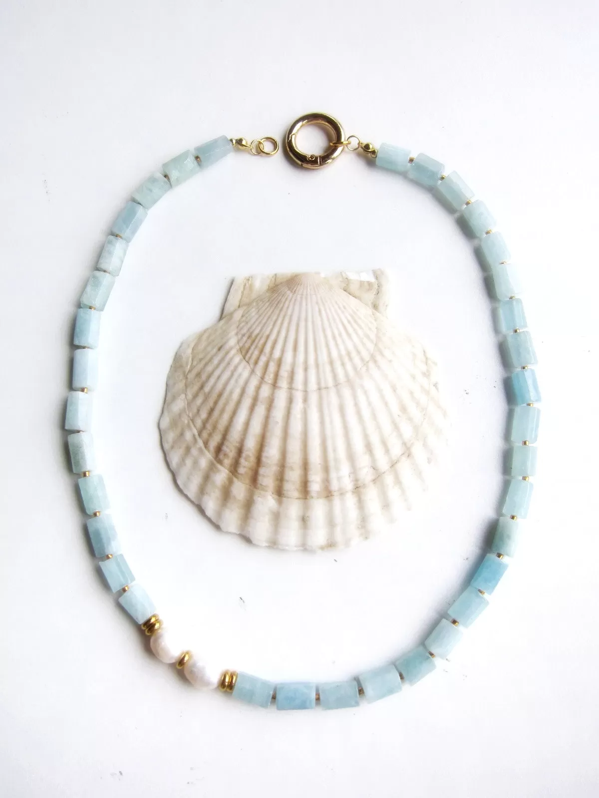 Aquamarine, Apatite and Mother Of Pearl Necklace in 18K findings