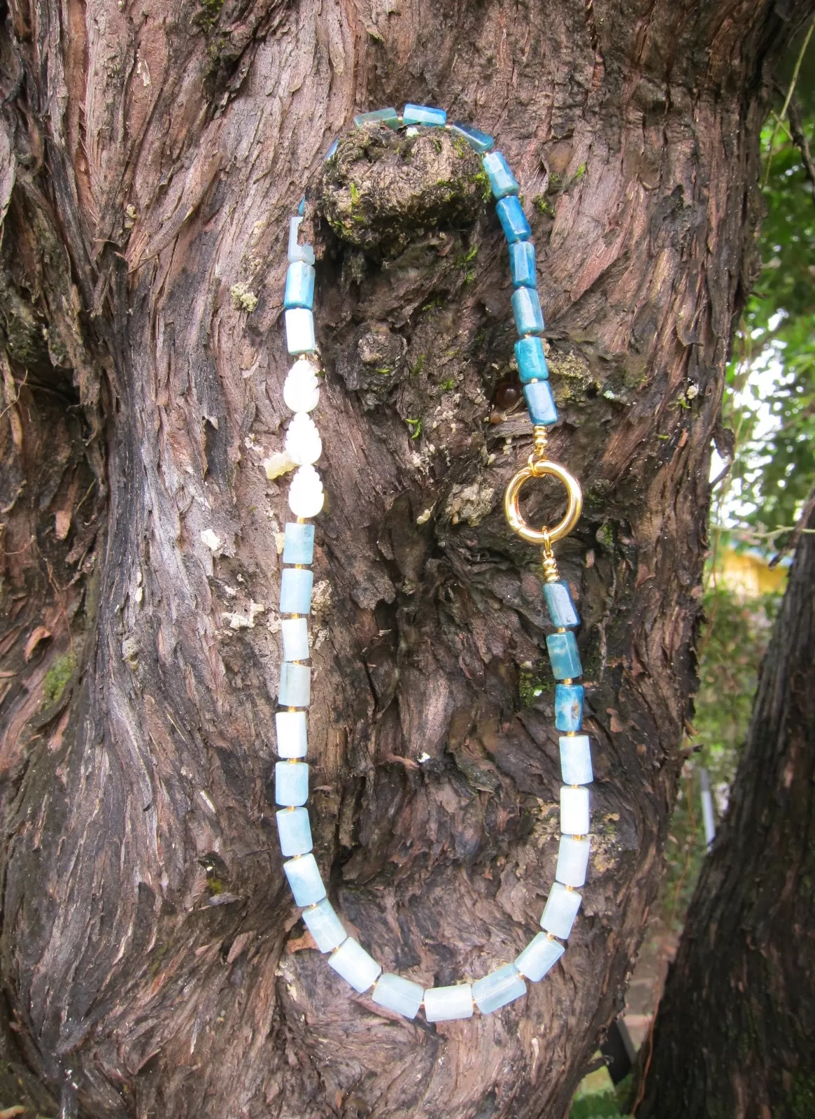 Aquamarine, Apatite and Mother Of Pearl Necklace in 18K findings