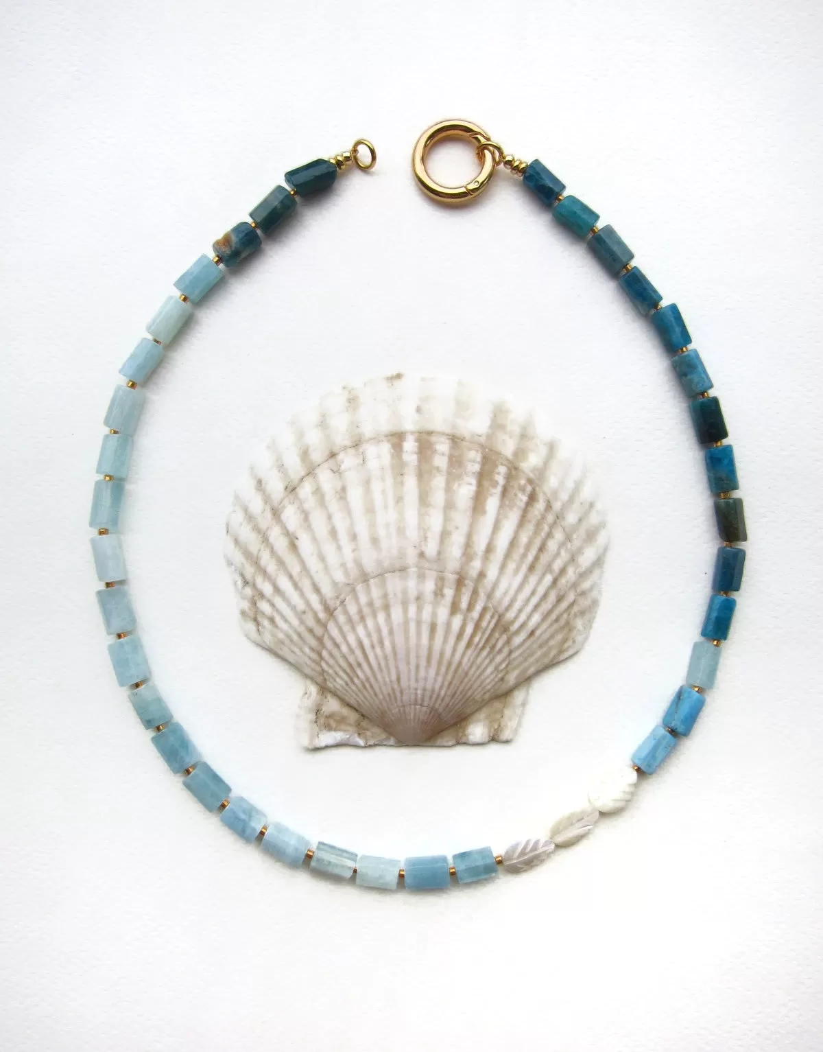 Aquamarine, Apatite and Mother Of Pearl Necklace in 18K findings