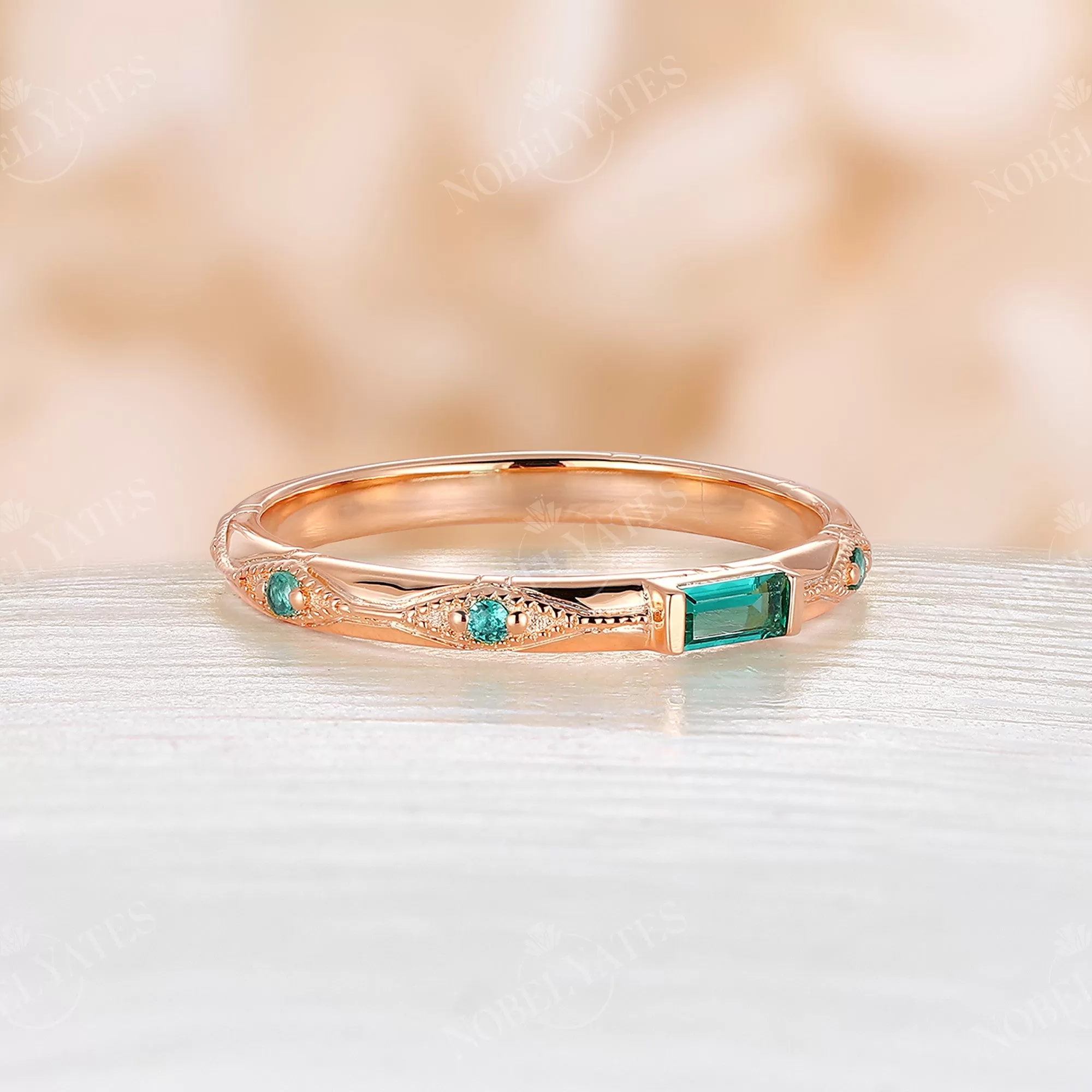 Baguette Lab Emerald Art Deco Milgrain Wedding Band Rose Gold