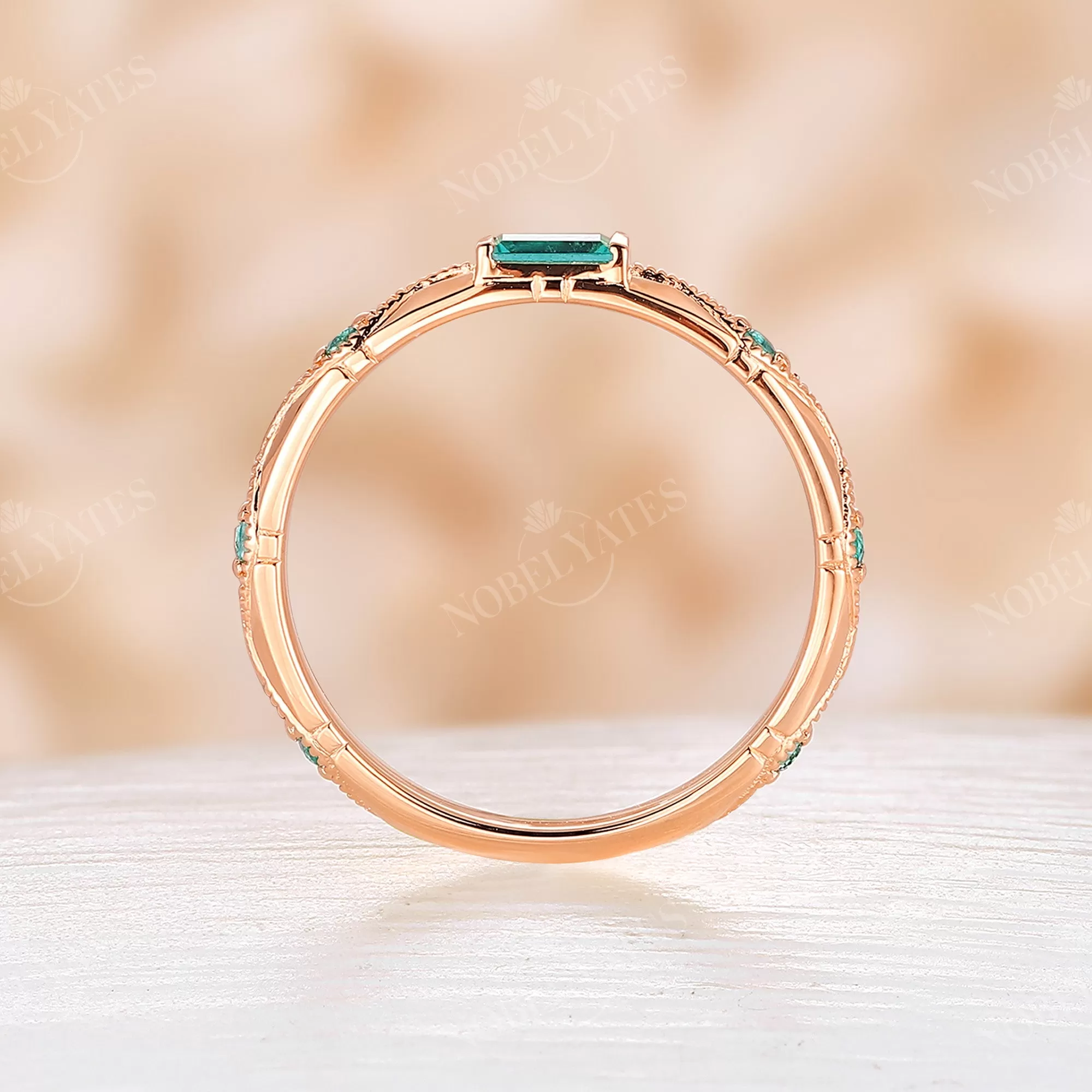 Baguette Lab Emerald Art Deco Milgrain Wedding Band Rose Gold