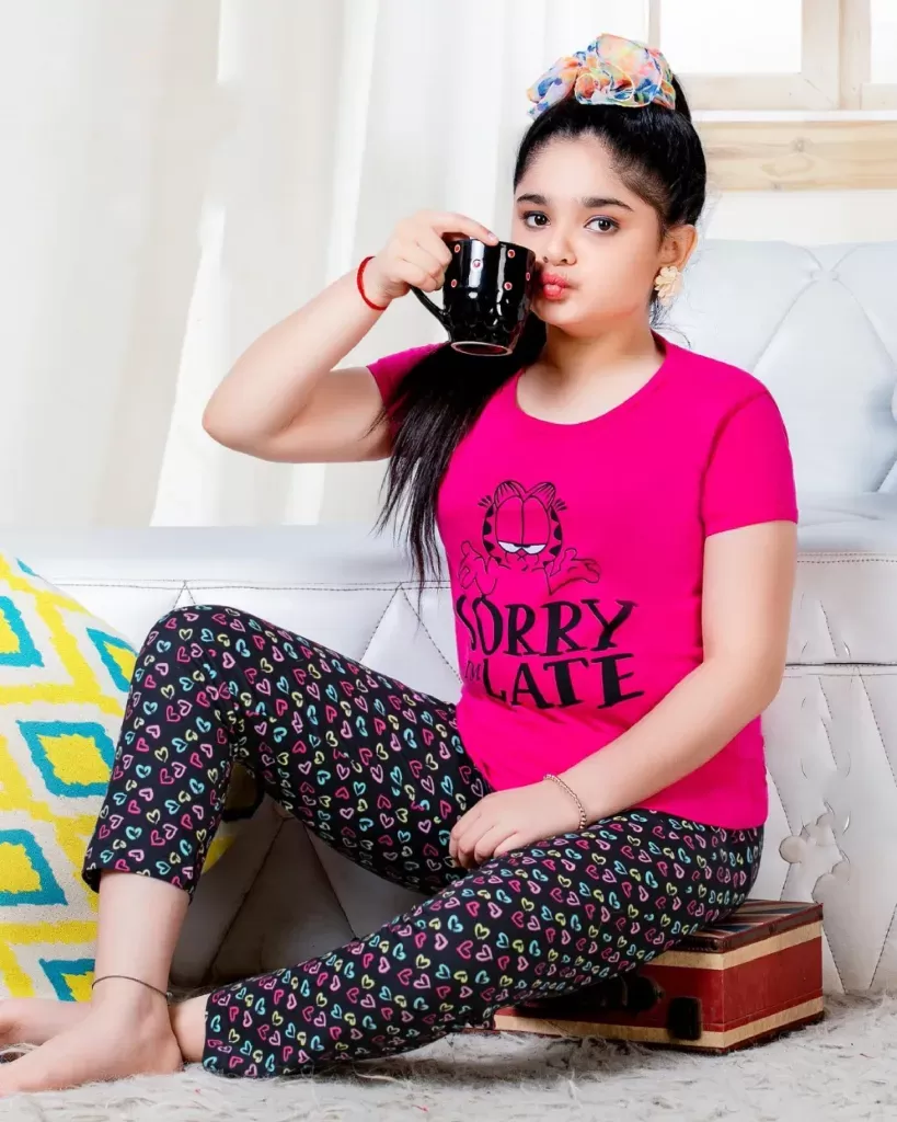 Beautiful Pink And Black Short Sleeve Round Neck Rich Cotton Pajama Set