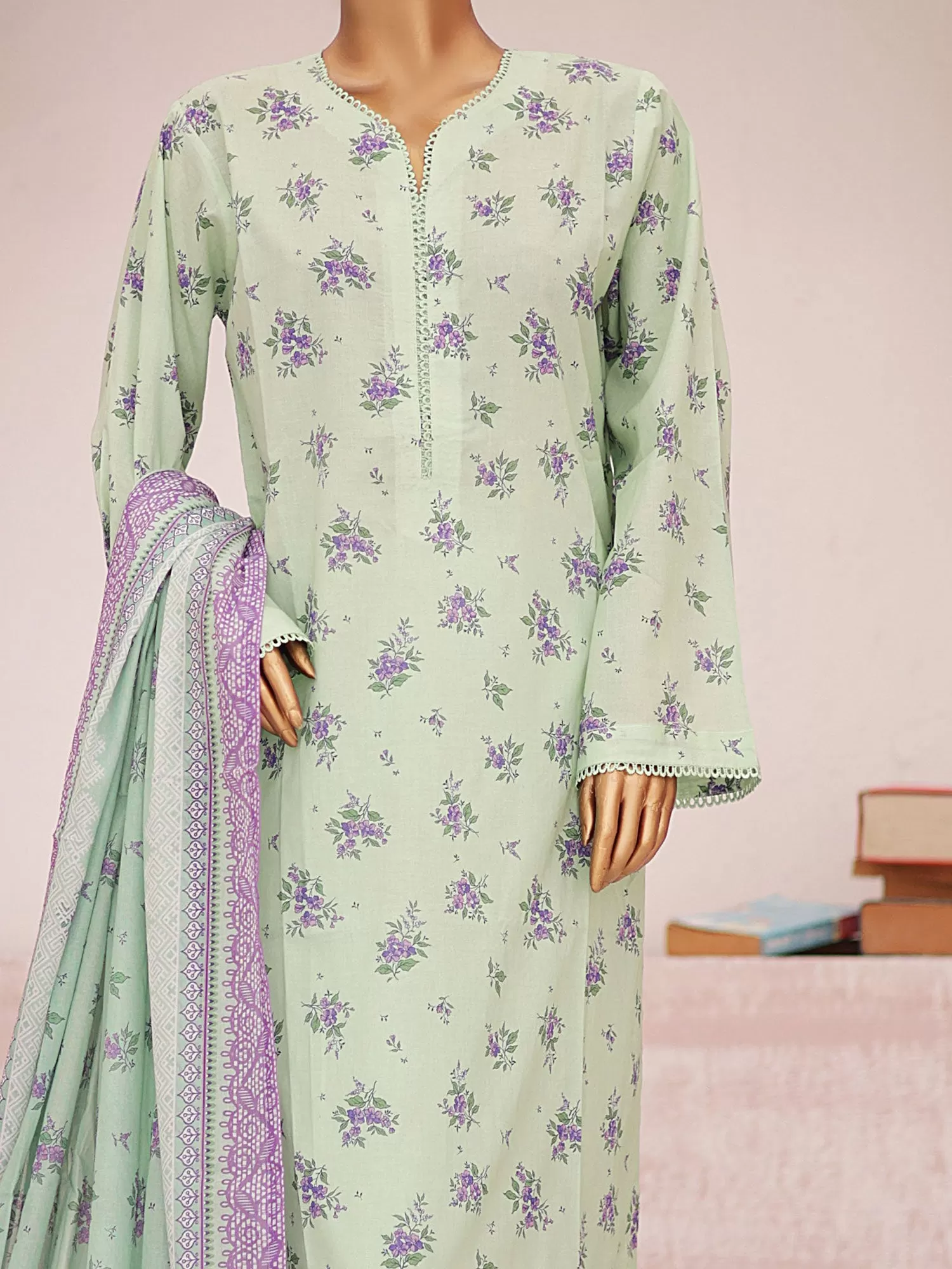 Bin Saeed Printed Lawn 3-Piece Suit - Light Green