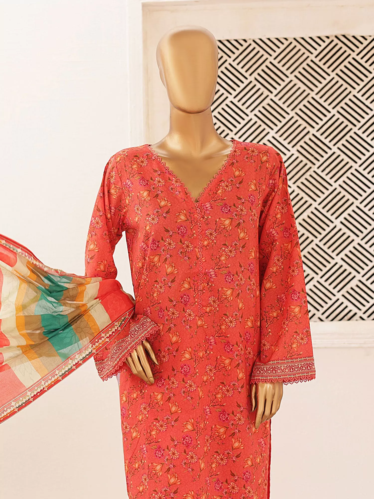 Bin Saeed Printed Lawn 3-Piece Suit - Rust Orange