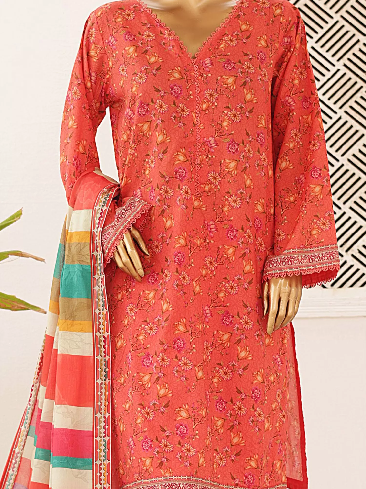 Bin Saeed Printed Lawn 3-Piece Suit - Rust Orange