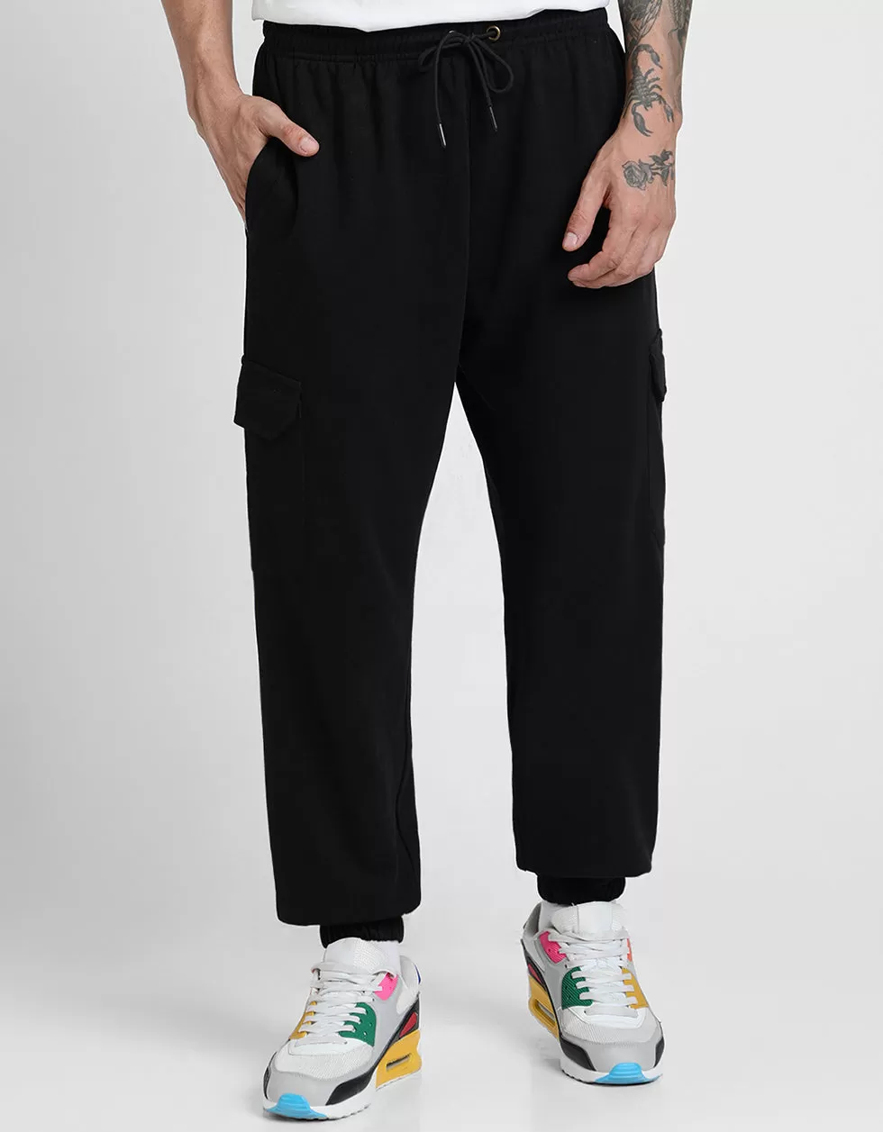 Black Solid Baggy Fit Cargo Pants