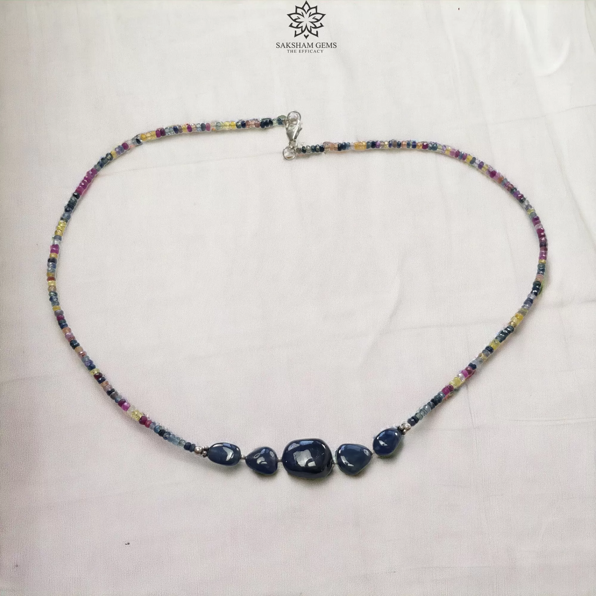 Blue & Multi Sapphire Beads Necklace : 13.87gms Natural Untreated Sapphire 925 Sterling Silver Single Strand Faceted Beaded Necklace 18"