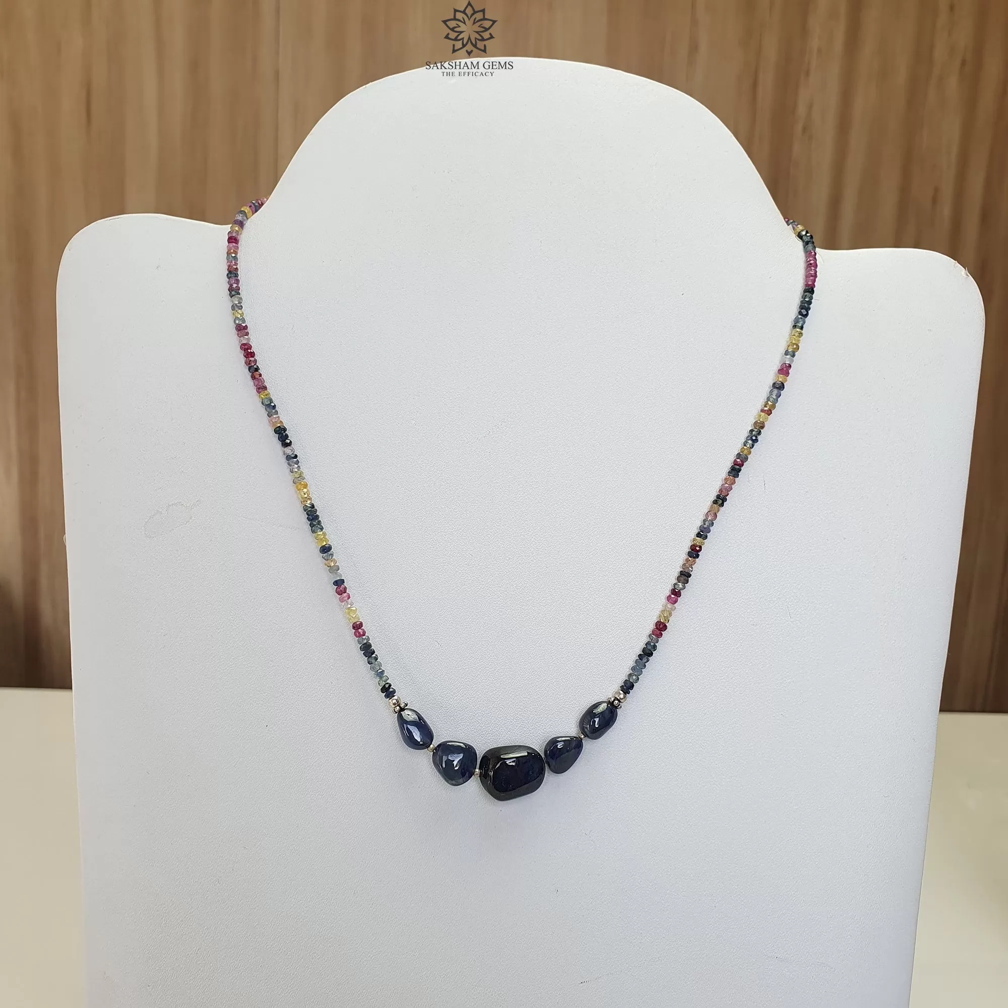 Blue & Multi Sapphire Beads Necklace : 13.87gms Natural Untreated Sapphire 925 Sterling Silver Single Strand Faceted Beaded Necklace 18"