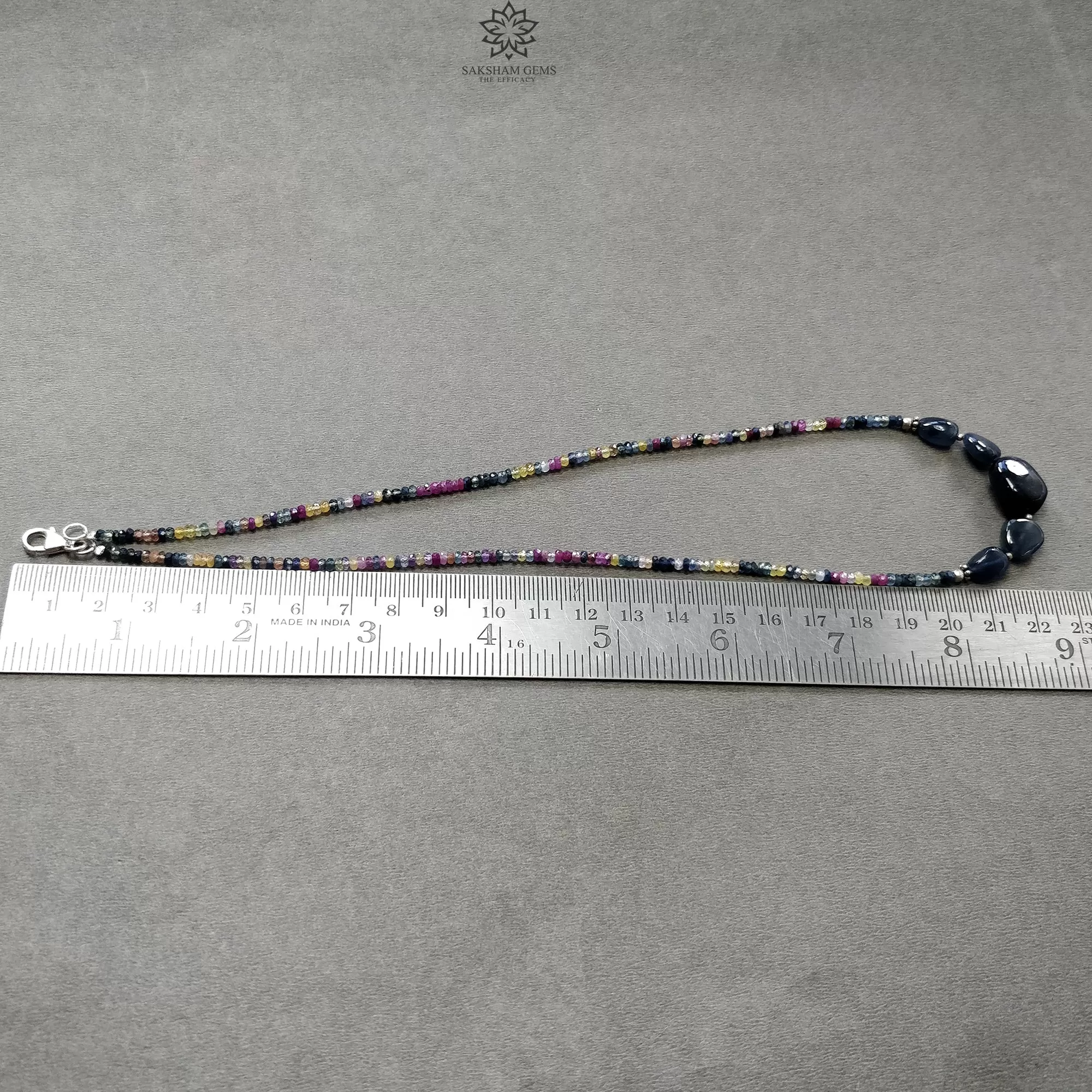 Blue & Multi Sapphire Beads Necklace : 13.87gms Natural Untreated Sapphire 925 Sterling Silver Single Strand Faceted Beaded Necklace 18"