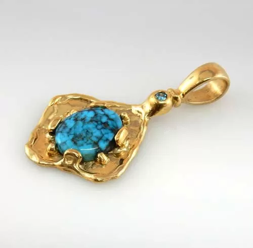 Blue Diamond with Turquoise 14kt Gold Pendant