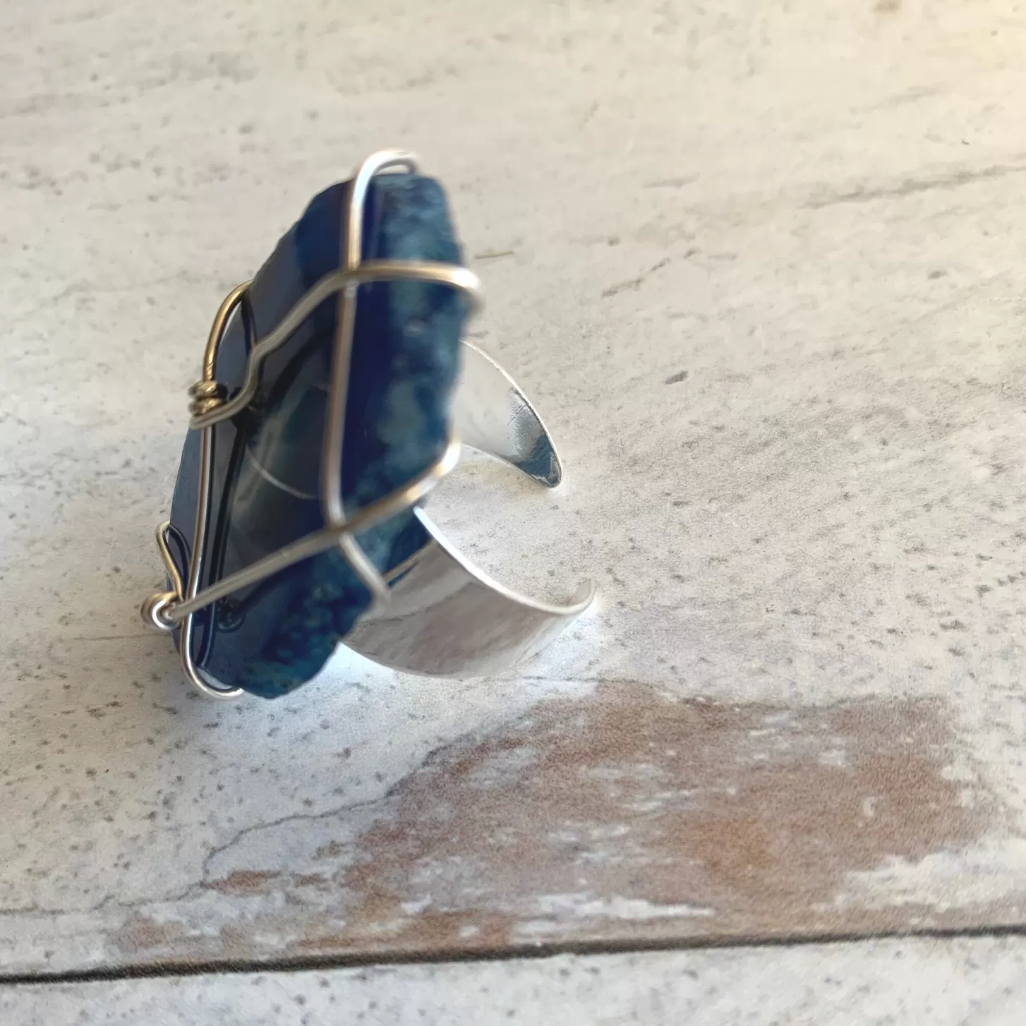 Blue River Agate Wire Wrapped Adjustable Ring Silver