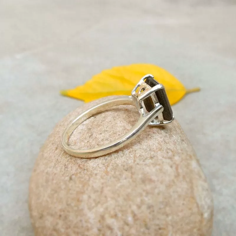 Boho Smokey Quartz 925 Silver Ring, Rectangle Gemstone Solitaire Handmade Jewelry, Gift for Her