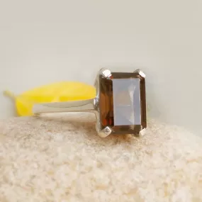 Boho Smokey Quartz 925 Silver Ring, Rectangle Gemstone Solitaire Handmade Jewelry, Gift for Her