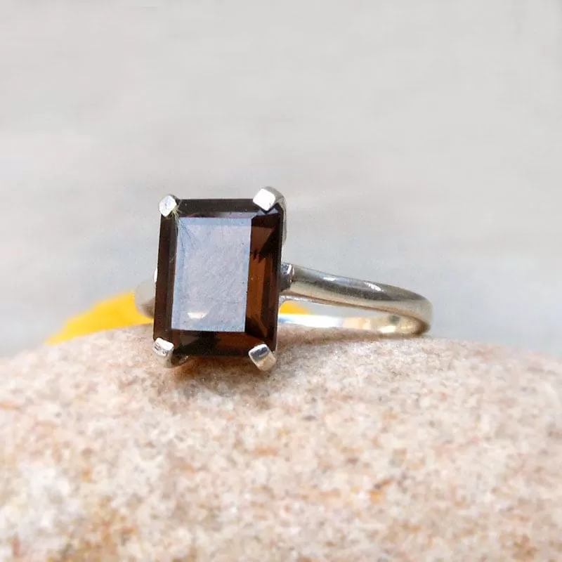 Boho Smokey Quartz 925 Silver Ring, Rectangle Gemstone Solitaire Handmade Jewelry, Gift for Her