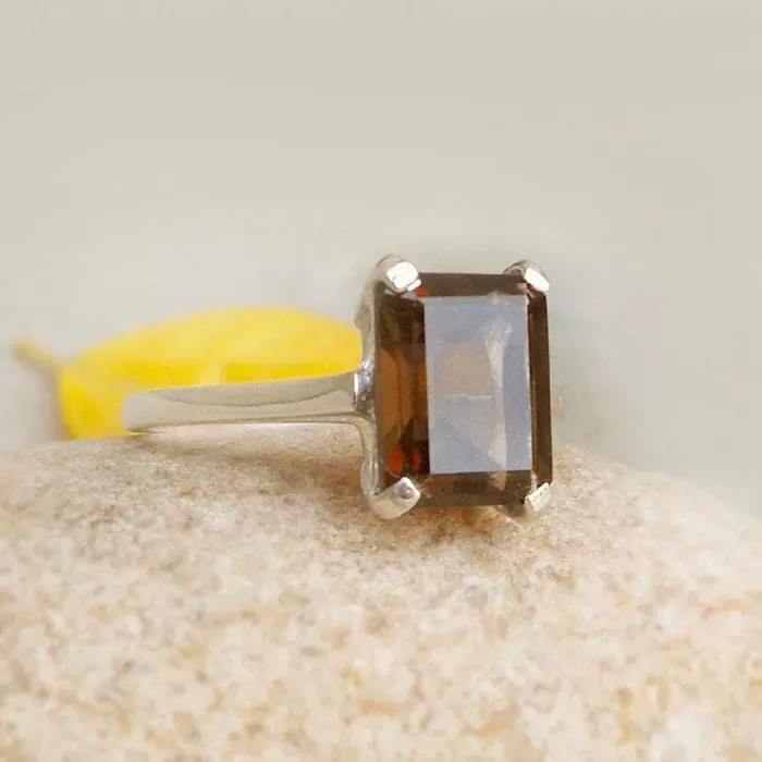 Boho Smokey Quartz 925 Silver Ring, Rectangle Gemstone Solitaire Handmade Jewelry, Gift for Her