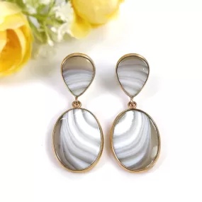 BOTSWANA AGATE Gemstone Earrings : 14.32gms Natural 925 Sterling Silver Rose Gold Plated Oval Bezel Set Push Back Earring 2"