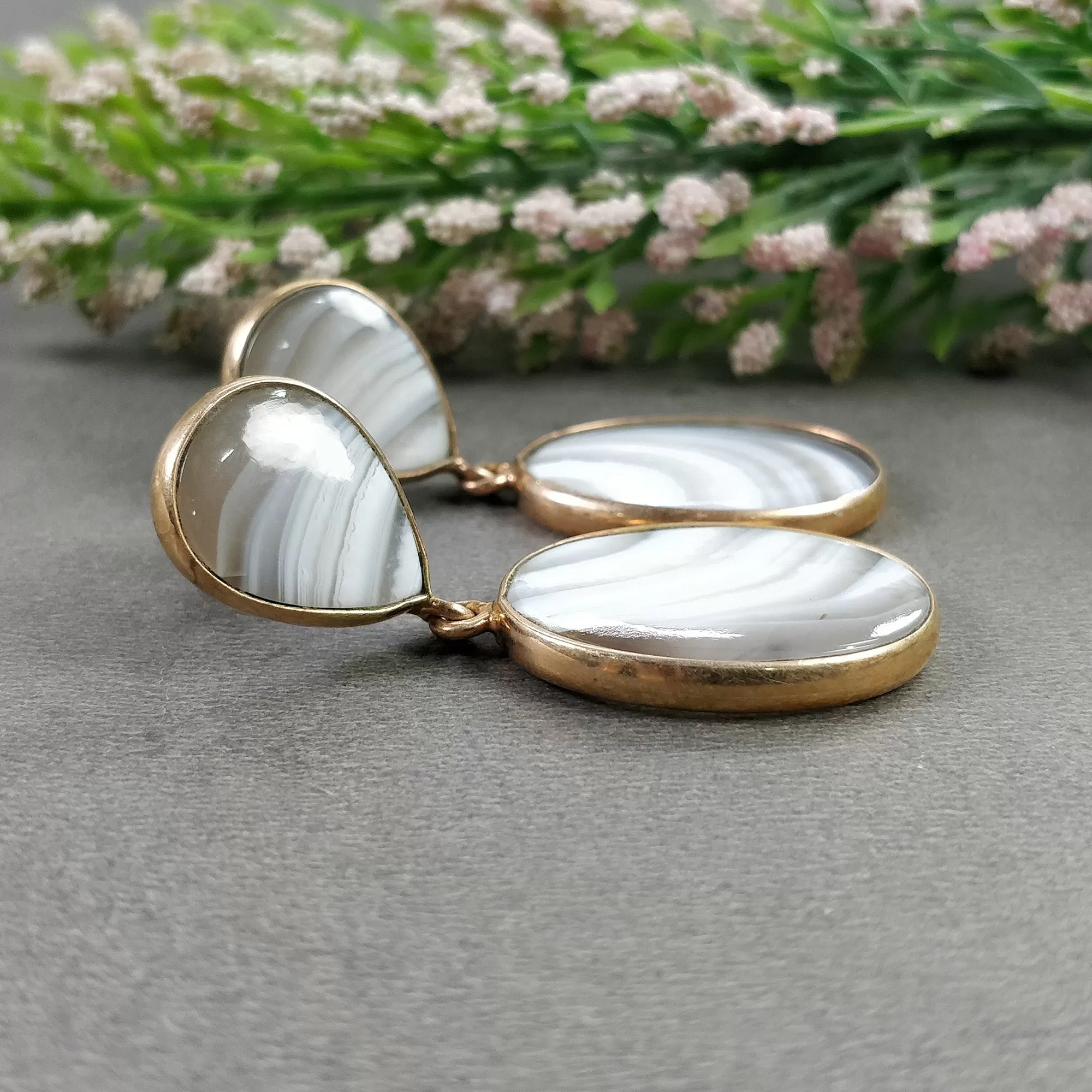 BOTSWANA AGATE Gemstone Earrings : 14.32gms Natural 925 Sterling Silver Rose Gold Plated Oval Bezel Set Push Back Earring 2"